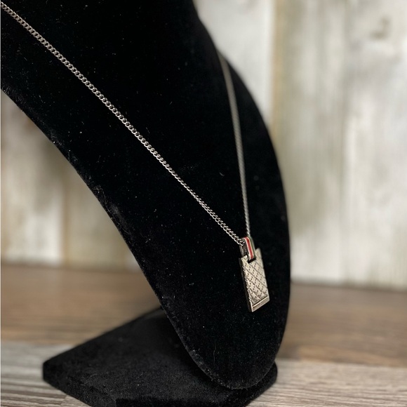 Vintage Gucci Stripes Diamantissima Tag Plate 925 Silver Pendant Chain Necklace - Picture 7 of 12
